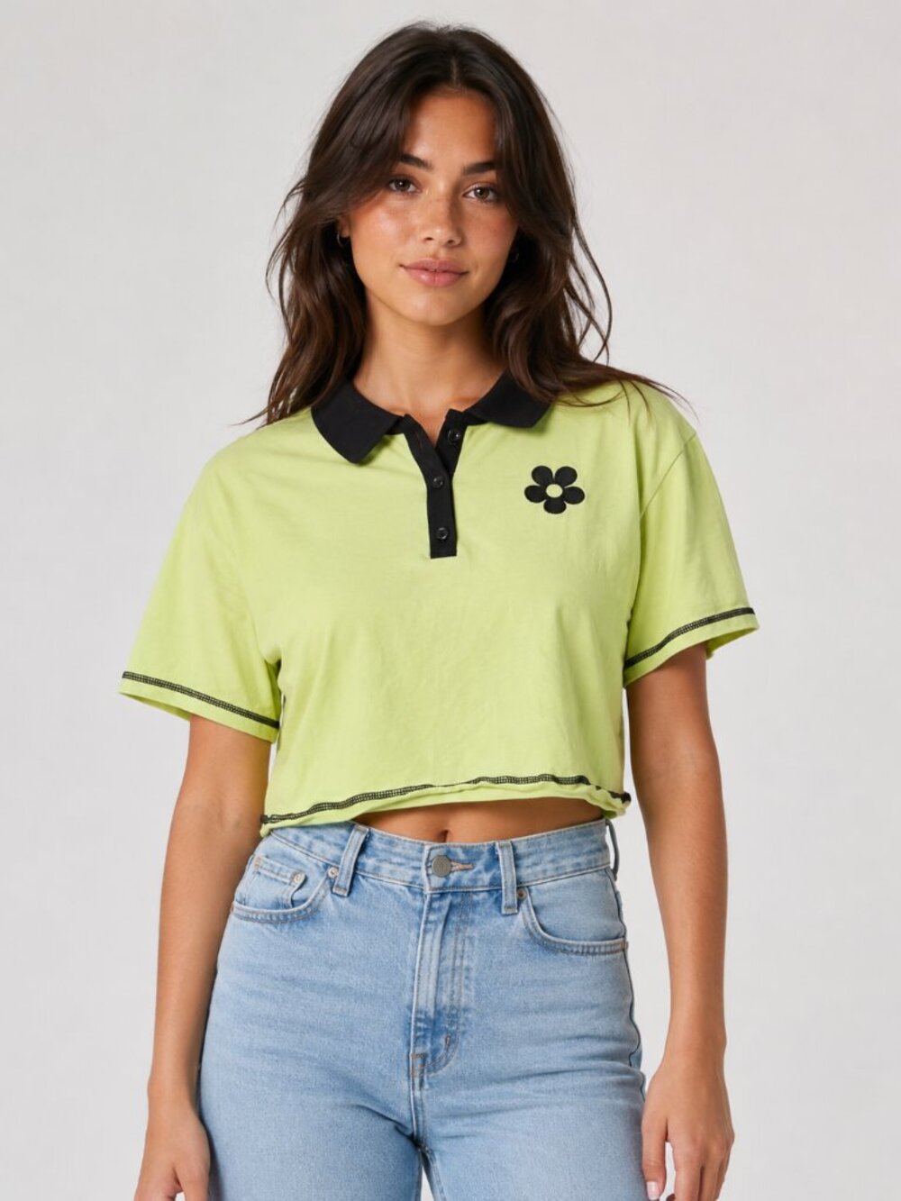 Rue21 Lime Green Cropped Polo Top with Black Flower Detail